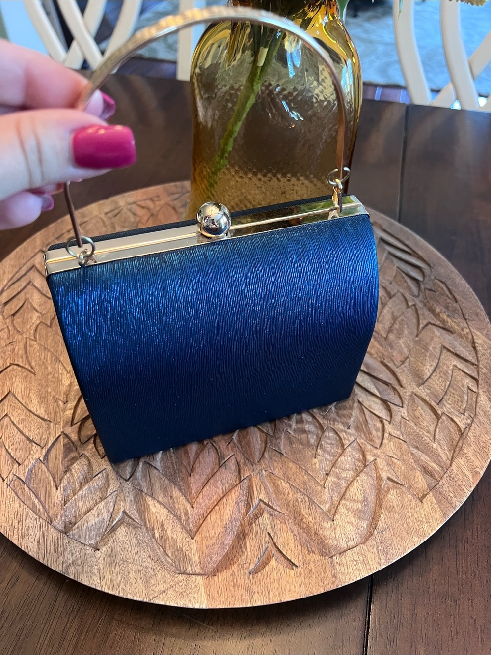 New Navy Satin Evening Clutch with Gold Handle